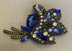 Vintage Blue AB Rhinestone Brooch Oversized Corsage Bouquet Black Metal unsigned