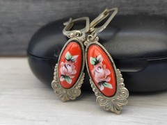 Vintage Enamel Russian Rostov Finift Earrings USSR Soviet Porcelain Hand Painted