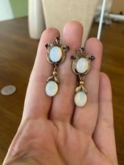 Victorian Opaline Glass Cabochon Clip-On Earrings 1.5″ Long Dangles Gold Tone