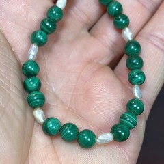 VTG Round Malachite Beads (No Clasp) Fresh Water Pearls Segment Bracelet 6-3/8”
