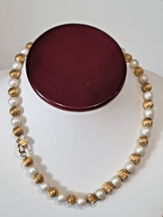 2 Vintage c 1960s 12k Gold Filled Bead Ball Pearl Necklaces Trifari Brooch Lot