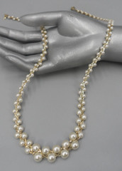 Vintage Faux Pearl Necklace Graduated Glass Braided Chain Spring Ring 80s Glam