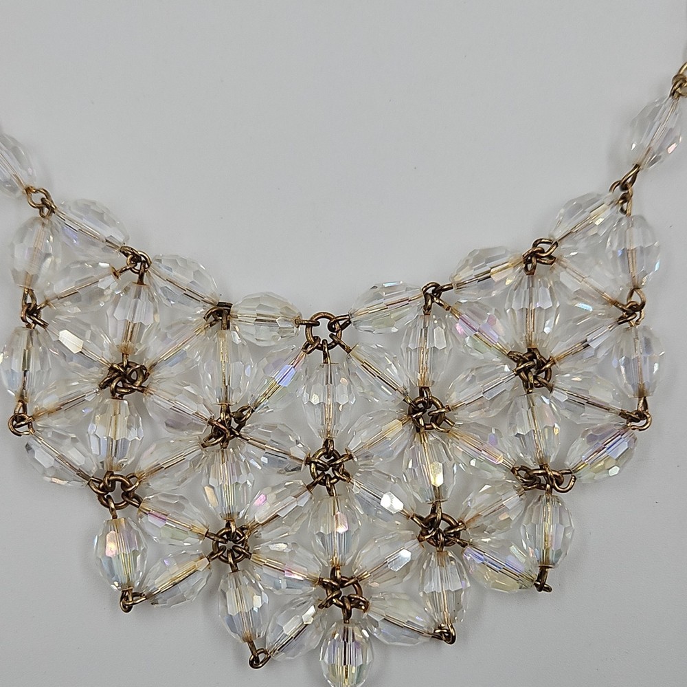 Bib Style faceted clear crystal glass bead necklace on chain UV glow