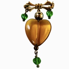 Vintage Amber Heart Brooch Pendant Goldtone Bow Dangling