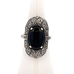 Vintage Black Onyx and Marcasite Sterling Silver Ring – Long Oval Stone -ET595