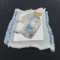 Vtg Denim Buffalo Brooch Hand Made 2×1 inches Unique Brooch Silver & Gold Tones