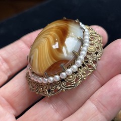 Vintage W Germany Glass Caramel Swirl Cabochon Pearl Brooch Clip On Earrings Set