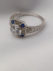 Vintage BBJ Sterling 1.00ct Round Crystal 4 Blue Sapphire Art Deco ring Sz9 4gr