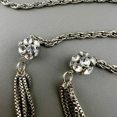 Vintage Tassel Necklace Lariat Rhinestone Ball Heavy Rope Chain Silver Tone 36”
