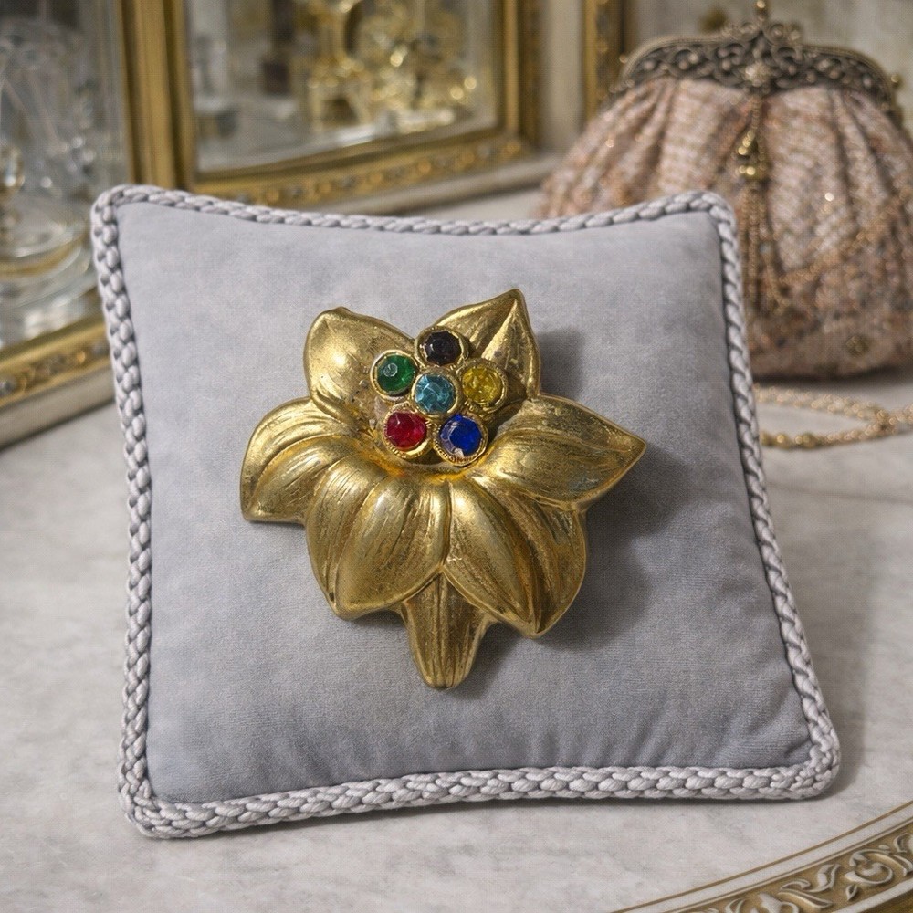 Antique Floral Brooch – Gold Washed Brass – Glass Stones – 2.25” – Tension Clasp