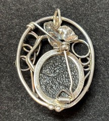 925 Sterling Silver Amber Pendant Brooch Pin|Scrollwork Leaf Frame|Cognac|#J19