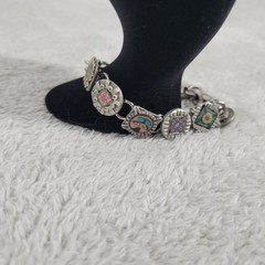 Vintage Artisan Polymer Clay Millefiori Link Bracelet Mixed Media Boho Colorful