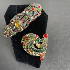 Vintage 1930s Art Deco Czech Rainbow Rhinestone Bar Brooch & Dress Clip Lot