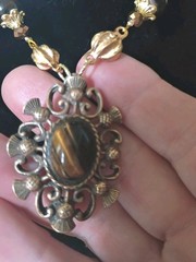 Antique Bronze Tiger’s Eye Oval Pendant Necklace & Dangle Earrings Set