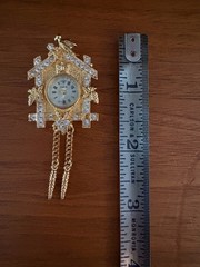 Vintage Lind 14KGE Rhinestone Cuckoo Clock Quartz Watch Brooch Pendant