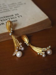 Vintage Pearl Gold Drop Earrings Crystal Statement Mid Century Modern Jewelry