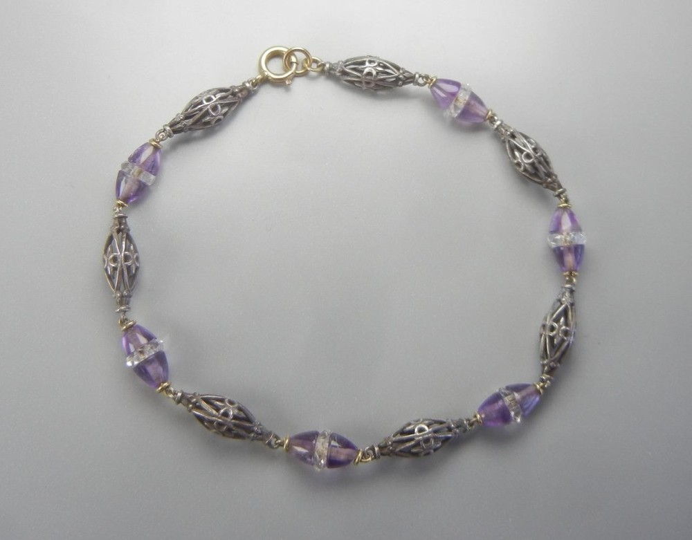 Art Deco 1920s Bracelet Sterling Silver 14K Gold Amethyst Rock Crystal Quartz