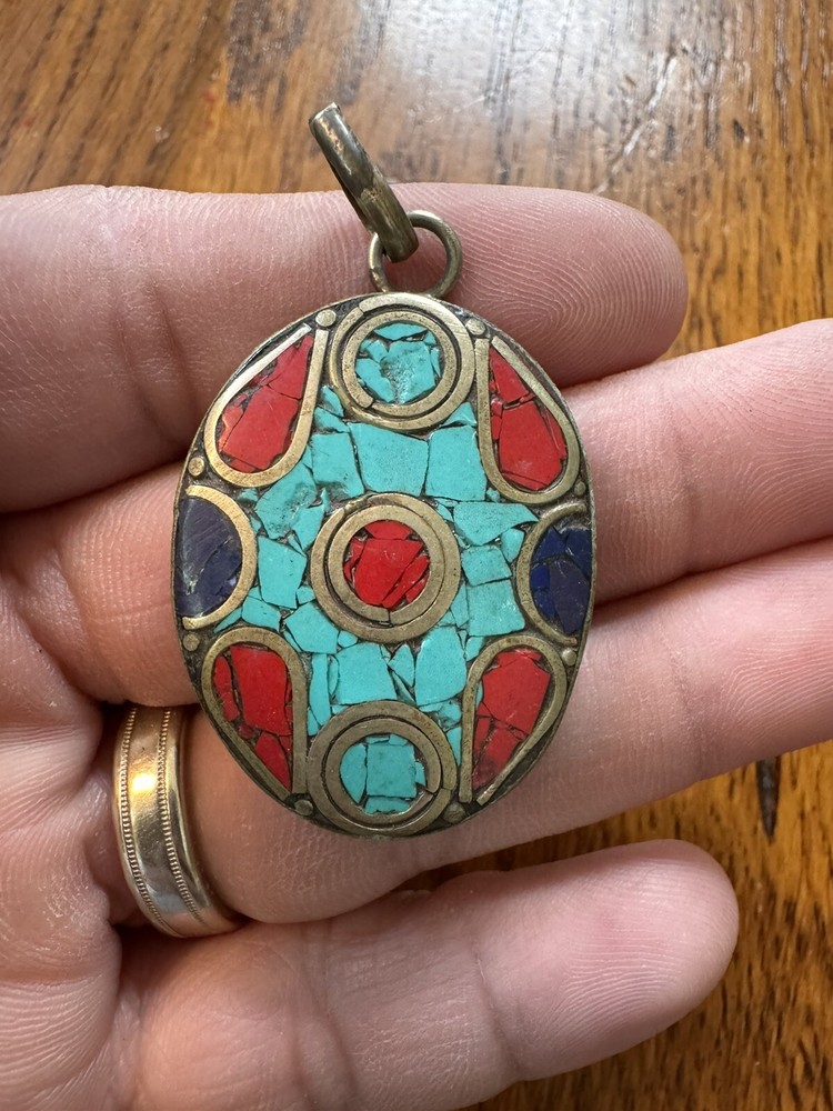 Vintage Tibetan Brass With Stones Beautiful Amulet Pendant Wearable Art