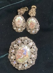 Vintage Porcelain Filigree Courting Couple Art Brooch and Earrings Set