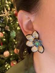 Vogue Bijoux Couture Poured Glass Enamel Floral Clip Earrings Rare Runway Style