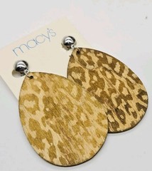 Leopard Wood Clip on Earrings Oval Dangle Silver tone Boho 80’s Vintage Macy’s