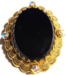 VINTAGE FILIGREE BLACK GLASS AURORA BOREALIS CRYSTAL SIGNED GERMANY PIN BROOCH