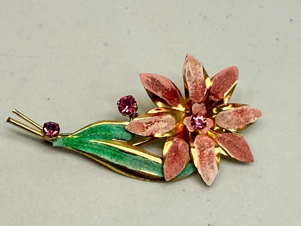 Vintage Rhinestone Flower Brooch Pink, Green Enamel Pin Estate MCM Jewelry 3.5in