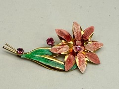 Vintage Rhinestone Flower Brooch Pink, Green Enamel Pin Estate MCM Jewelry 3.5in