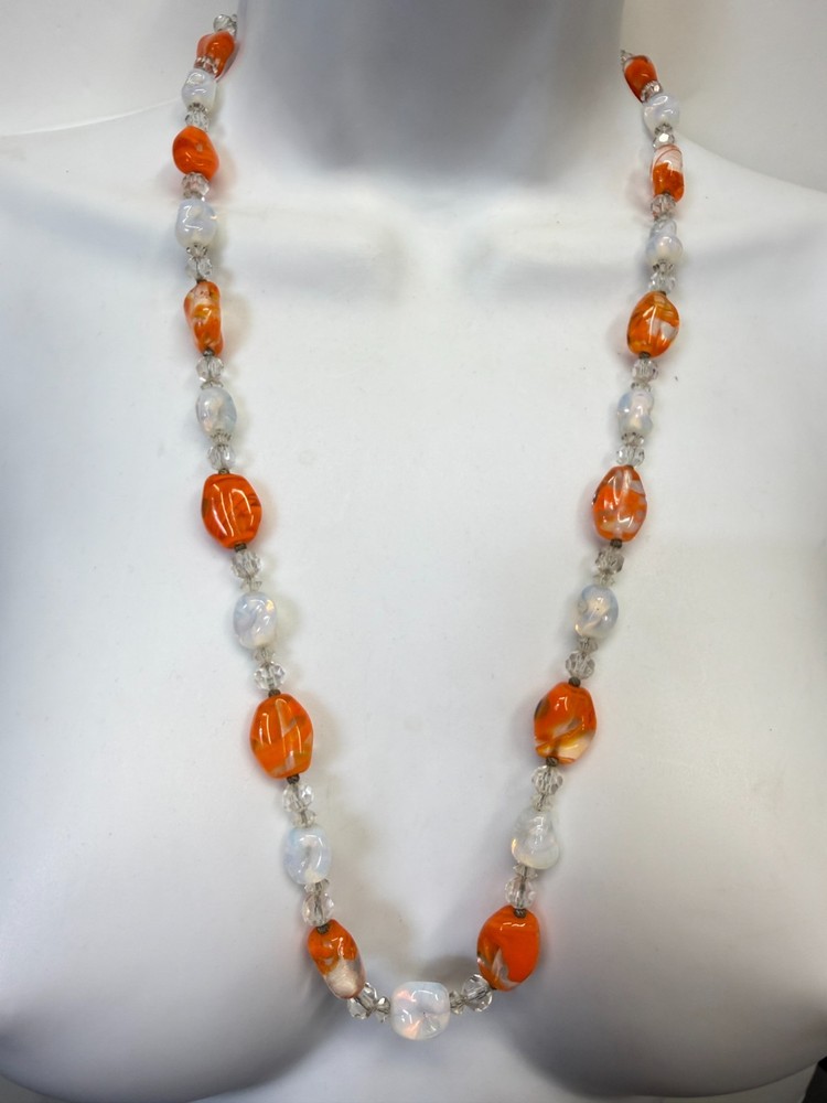 Vintage Necklace Glass Beads Art Deco Clear Orange 28 in PJ