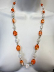 Vintage Necklace Glass Beads Art Deco Clear Orange 28 in PJ