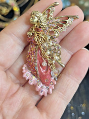 Vintage Kirk’s Folly Pink Enamel Fairy Angel Brooch with AB Rhinestones/Beads