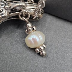 Vintage Blessed Spoon Pendant Necklace Silver Pearl Long Boho Statement Piece