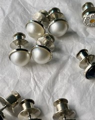 Button Earings Lot Onyx Pearl Tones & Daisies Silvertone Metal Push Backings