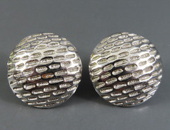 Vintage CROWN TRIFARI Clip-On Earrings DOMED ROUND STUD Unique Dash Engraving