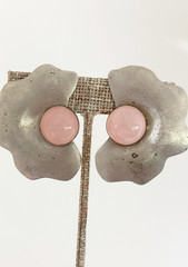 Vintage Silver Tone Earrings Oversized Sculptural Rose Quartz clip on Bold
