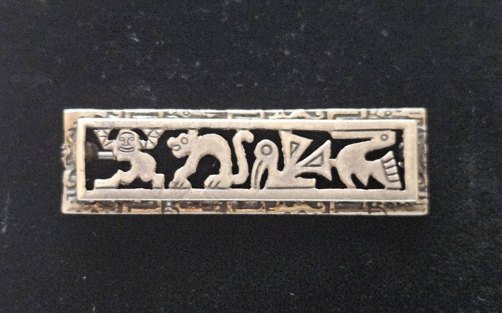 Vintage 925 Sterling Silver 10K Gold Mayan Aztec Figural Bar Brooch Pin 6 Grams