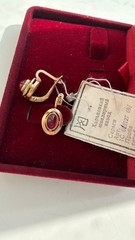 Vintage USSR 925 Sterling Silver Gold Plated Red Corundum Earrings NOS