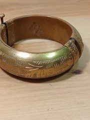 Vintage hinged brass bangle bracelet with etchings/ pin closure Morocco Or India