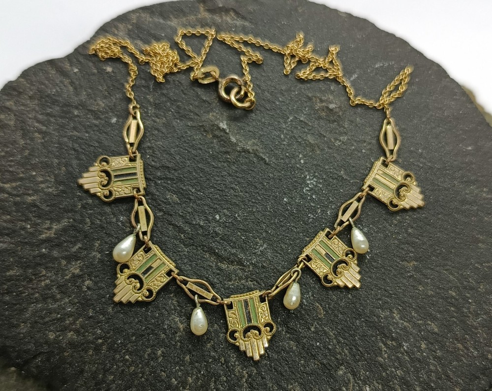 Original German Art Deco 1920s Rolled Gold Enamel Necklace by Rodi & Weinenberg