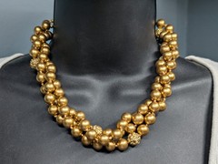 Vtg Signed CA MONOGRAM Three Strand GOLD TONE FAUX PEARL (9.5mm) Necklace 18”