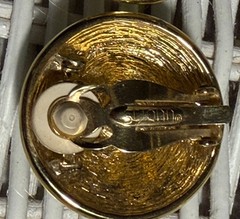 Vintage Signed St. Johns gold tone and navy blue enamel clip on earrings. 1 in.