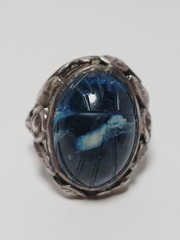 Antique Sterling Silver Carved Blue & White Dumortierite Scarab Beetle Ring Sz 4