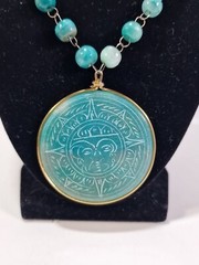 Vintage Polished Blue Stone Pendant Beaded Necklace 26″ in, Carved Sun, *111t