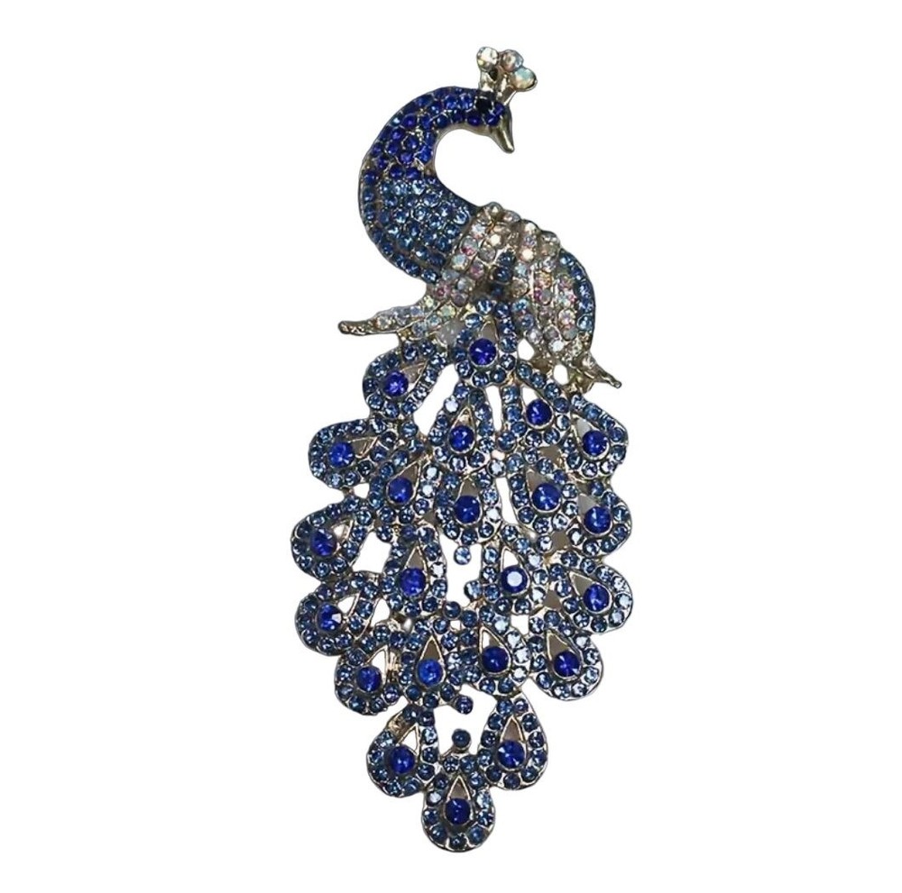 Brooch Blue & Iridescent Crystal Gold Tone Peacock