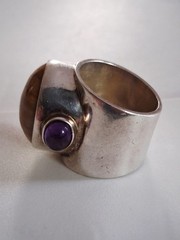 OBSIDIAN BRAND Fossil Coral & Amethyst Statement Ring Size 8 Sterling Silver