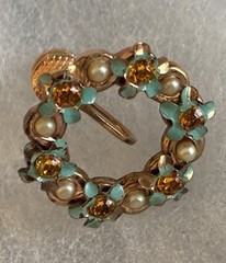 Vintage Blue Enamel Flower & Pearl Wreath Pin / Pendant and Earrings