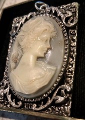 Vintage Cameo Pendant Silver Tone Rectangle Filigree Gray Cream Lady Portrait