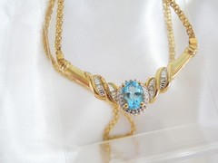 14K Gold on Sterling Silver 925 Natural Heated Blue Topaz Diamond Necklace 18″