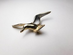 Silver Enamel Flying Seagull Gold Plated Pewter Metal Vintage