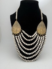 Tribal Bib Necklace White Bone Look Beads Brass Multi Strand Boho Ethnic Vintage